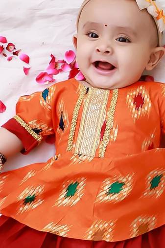 Orange foli printed cotton top with salwar set for girls