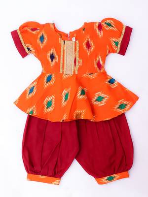Orange foli printed cotton top with salwar set for girls 2