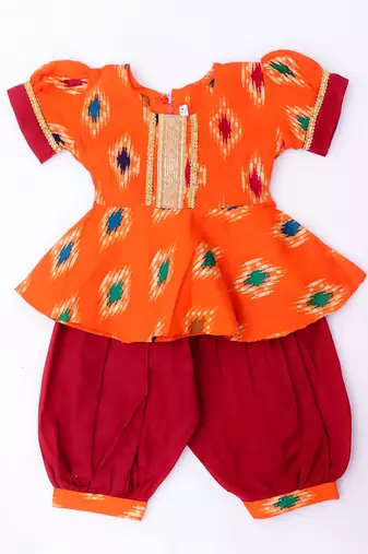 Orange foli printed cotton top with salwar set for girls