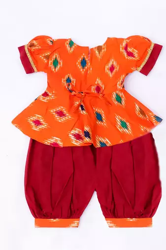 Orange foli printed cotton top with salwar set for girls