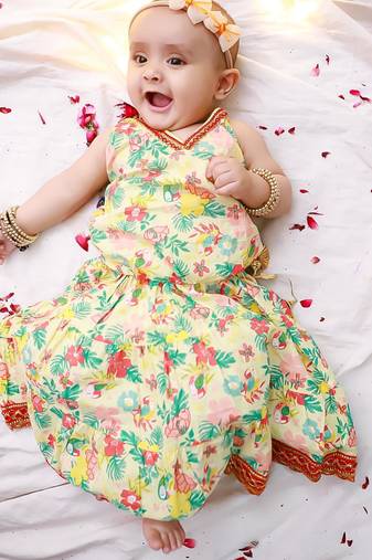Yellow printed cotton choli with skirt set for girls