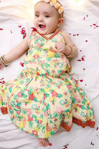 Yellow printed cotton choli with skirt set for girls