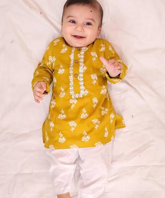 Mustard embroidered cotton threads kurta pyjama set for boys 1