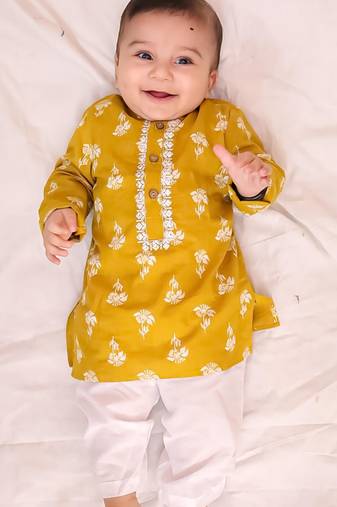 Mustard embroidered cotton threads kurta pyjama set for boys