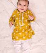 Mustard embroidered cotton threads kurta pyjama set for boys