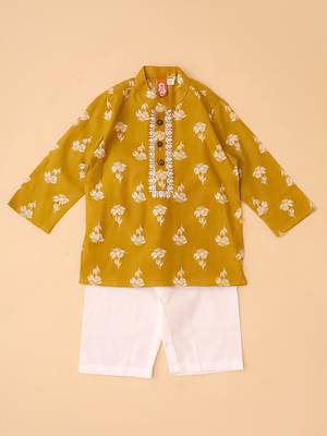 Mustard embroidered cotton threads kurta pyjama set for boys 2