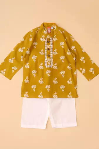 Mustard embroidered cotton threads kurta pyjama set for boys