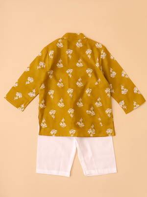 Mustard embroidered cotton threads kurta pyjama set for boys 3