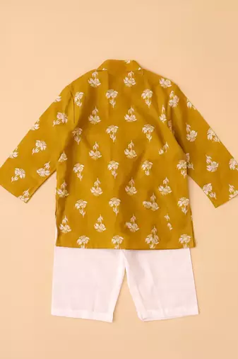 Mustard embroidered cotton threads kurta pyjama set for boys