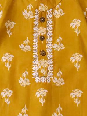 Mustard embroidered cotton threads kurta pyjama set for boys 4