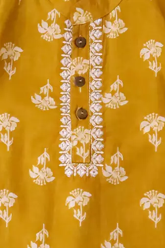 Mustard embroidered cotton threads kurta pyjama set for boys
