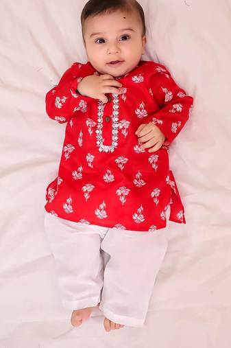 Red embroidered cotton threads kurta pyjama set for boys