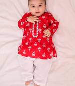 Red embroidered cotton threads kurta pyjama set for boys