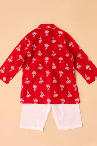 Red embroidered cotton threads kurta pyjama set for boys
