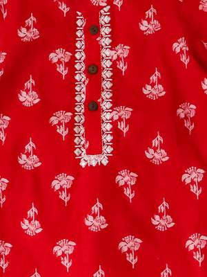 Red embroidered cotton threads kurta pyjama set for boys 4