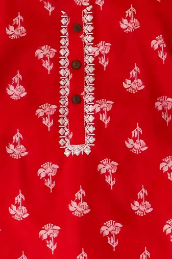 Red embroidered cotton threads kurta pyjama set for boys