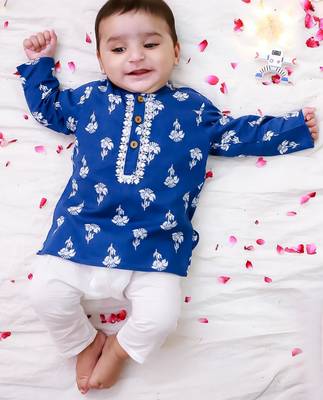 Blue embroidered cotton threads kurta pyjama set for boys 1