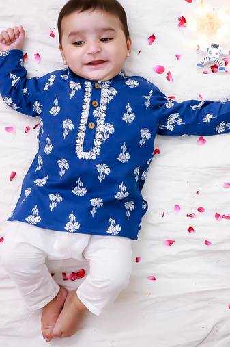 Blue embroidered cotton threads kurta pyjama set for boys