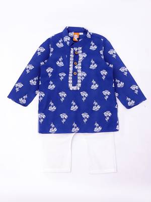 Blue embroidered cotton threads kurta pyjama set for boys 2