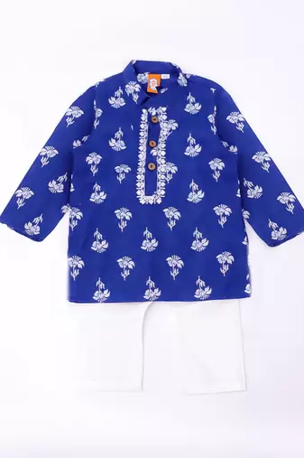 Blue embroidered cotton threads kurta pyjama set for boys