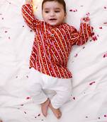 Red bandhani printed cotton kurta pyjama set for boys