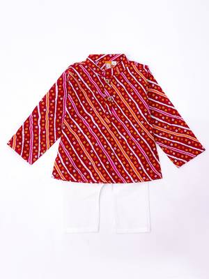 Red bandhani printed cotton kurta pyjama set for boys 2