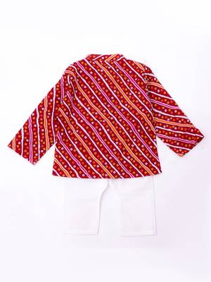 Red bandhani printed cotton kurta pyjama set for boys 3