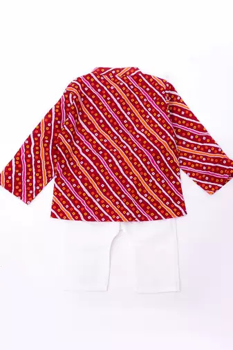 Red bandhani printed cotton kurta pyjama set for boys