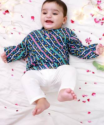 Blue-multi bandhani printed cotton kurta pyjama set for boys 1