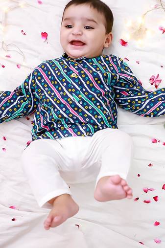 Blue-multi bandhani printed cotton kurta pyjama set for boys