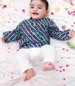 Blue-multi bandhani printed cotton kurta pyjama set for boys