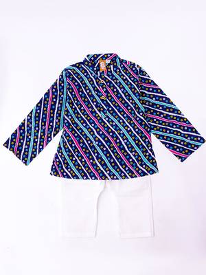 Blue-multi bandhani printed cotton kurta pyjama set for boys 2
