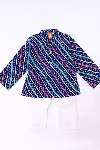 Blue-multi bandhani printed cotton kurta pyjama set for boys