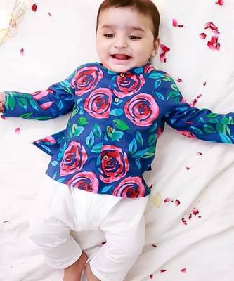 Blue printed cotton kurta pyjama set for boys 1