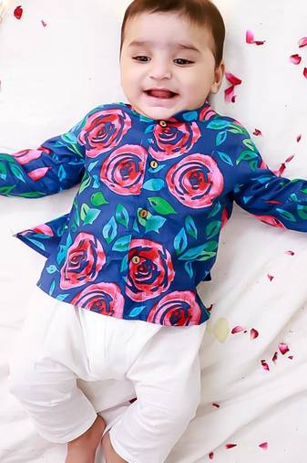 Blue printed cotton kurta pyjama set for boys