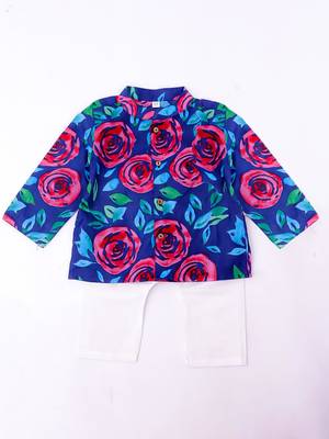 Blue printed cotton kurta pyjama set for boys 2