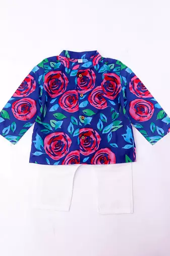Blue printed cotton kurta pyjama set for boys