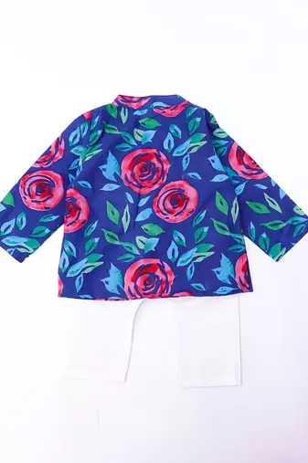 Blue printed cotton kurta pyjama set for boys