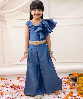 Blue solid gold silk top with palazzo set for girls 1