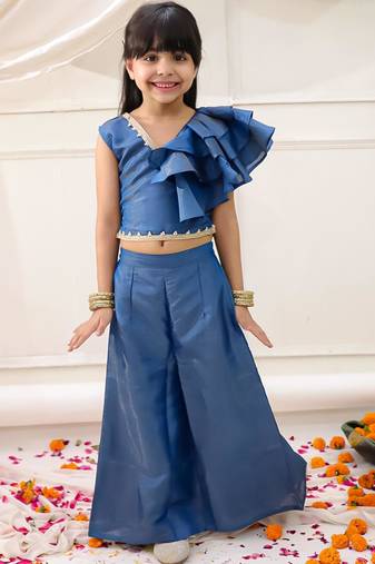 Blue solid gold silk top with palazzo set for girls