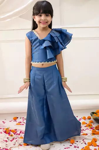 Blue solid gold silk top with palazzo set for girls