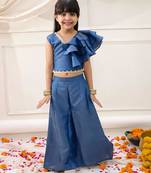Blue solid gold silk top with palazzo set for girls