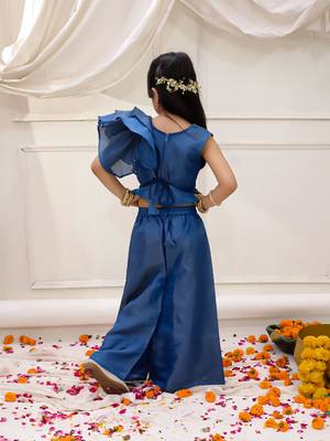 Blue solid gold silk top with palazzo set for girls 2