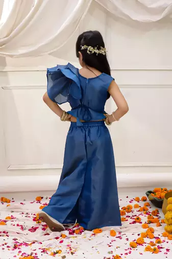 Blue solid gold silk top with palazzo set for girls