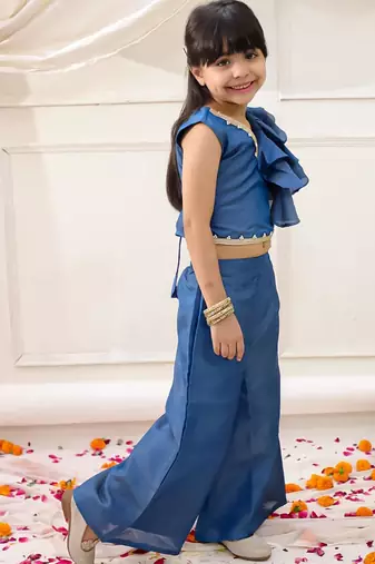 Blue solid gold silk top with palazzo set for girls