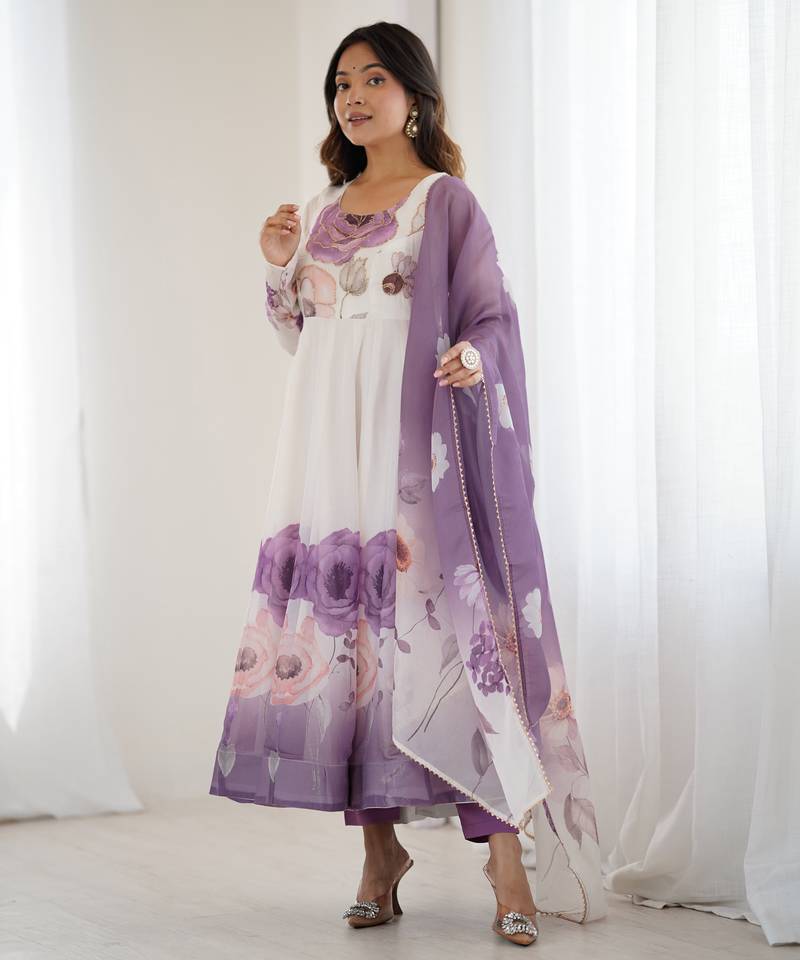 Soft Organza Silk Fabric Fully Flair Kali Pattern Kurti With Pant And Dupatta