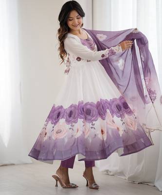 Soft Organza Silk Fabric Fully Flair Kali Pattern Kurti With Pant And Dupatta 2