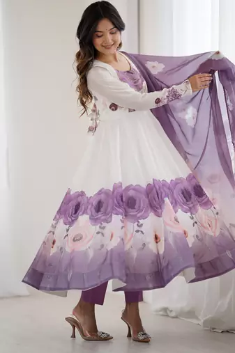 Soft Organza Silk Fabric Fully Flair Kali Pattern Kurti With Pant And Dupatta