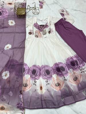 Soft Organza Silk Fabric Fully Flair Kali Pattern Kurti With Pant And Dupatta 6