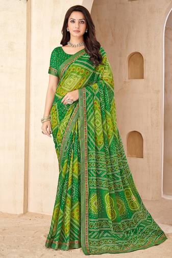 Green bandhani work chiffon saree with border detailing and unstitched blouse